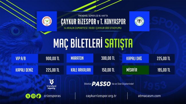 ÇAYKUR RİZESPOR-TÜMOSAN KONYASPOR MAÇI BİLETLERİ SATIŞTA